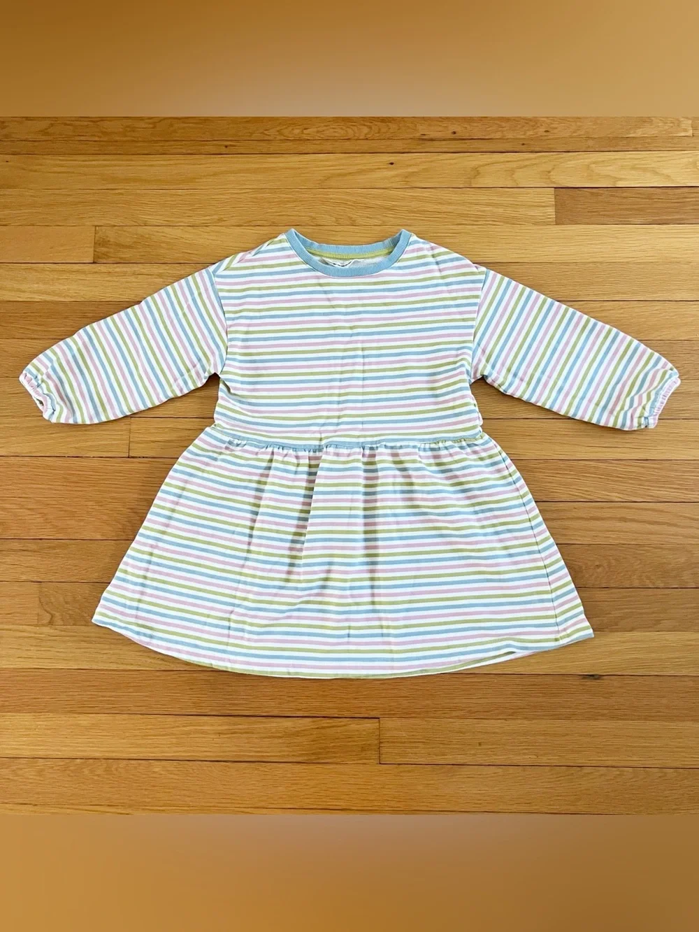 Mini Boden Blue Green Stripe Cotton Long Sleeve Cozy Knit Terry Dress 7-8